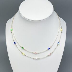 Sterling Silver 925 Multicolor Simulated Tiger's Eye Station Necklace 15.5"-18"